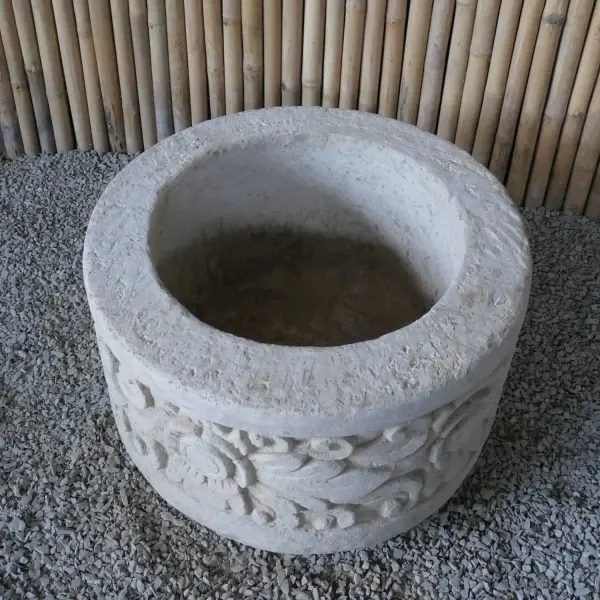 Product image 6 of the product “Balinese style tube round pot, with carving - 70cm Dia., 40 cm Height, Taro sand ”